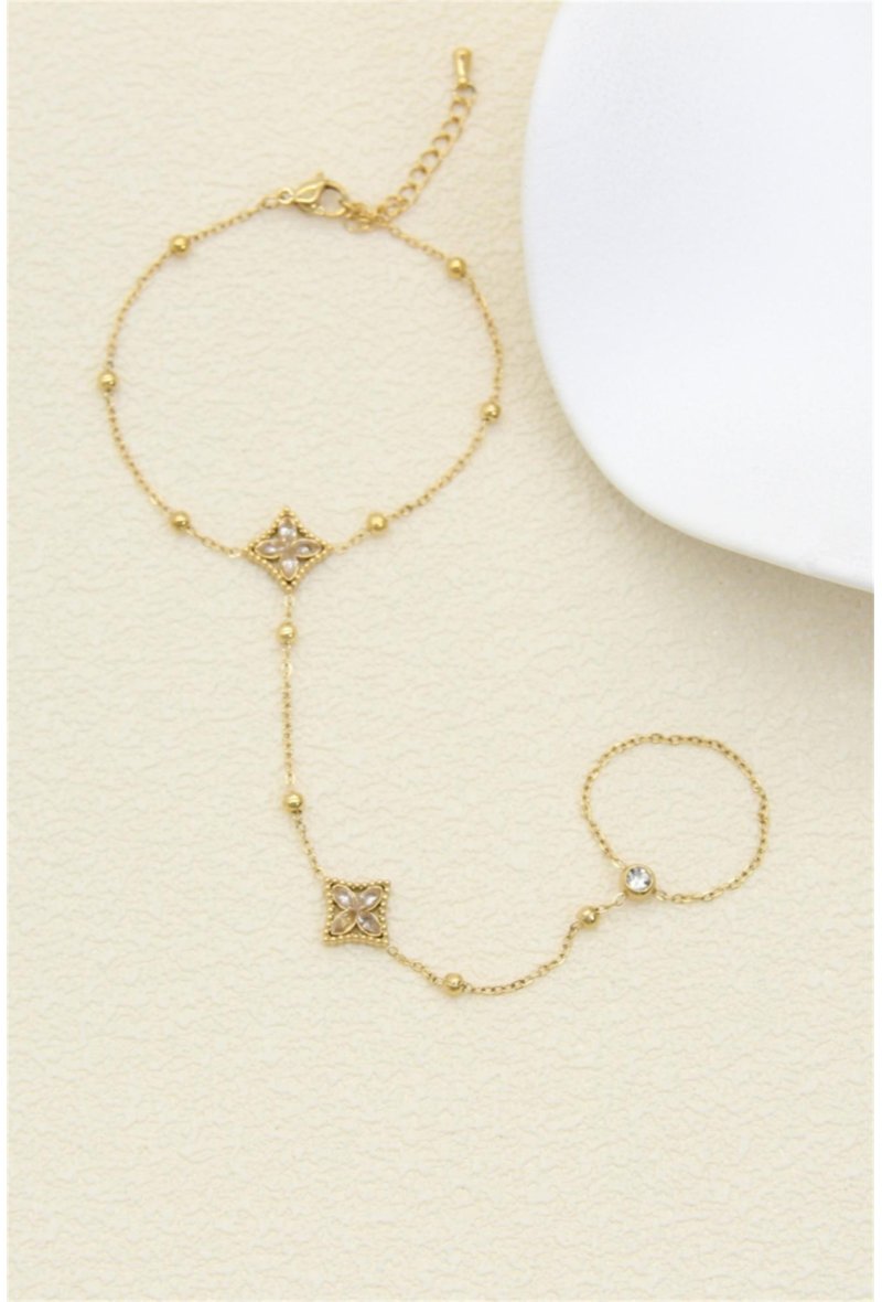 Bracelet à Main Fleur Nacre & Strass – Acier Inoxydable Doré