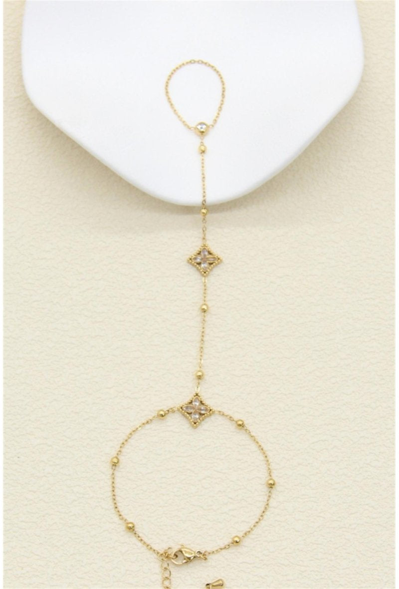 Bracelet à Main Fleur Nacre & Strass – Acier Inoxydable Doré