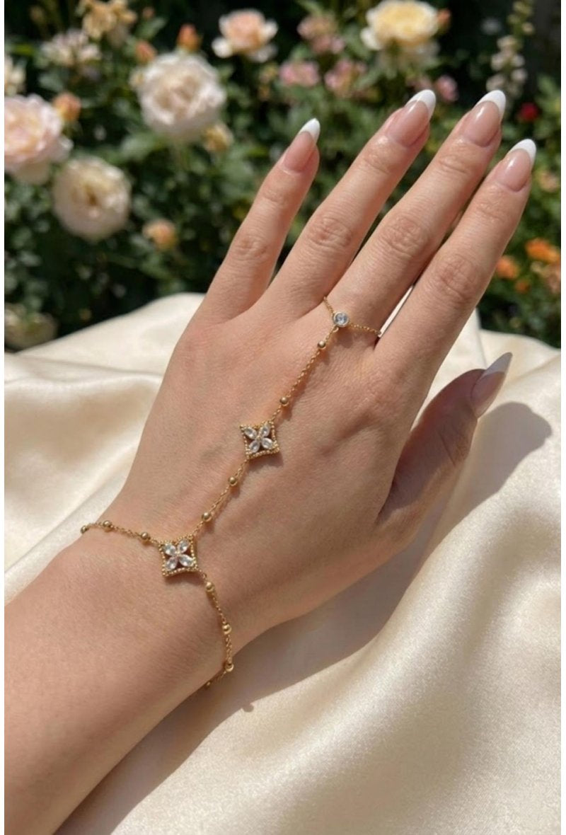 Bracelet à Main Fleur Nacre & Strass – Acier Inoxydable Doré