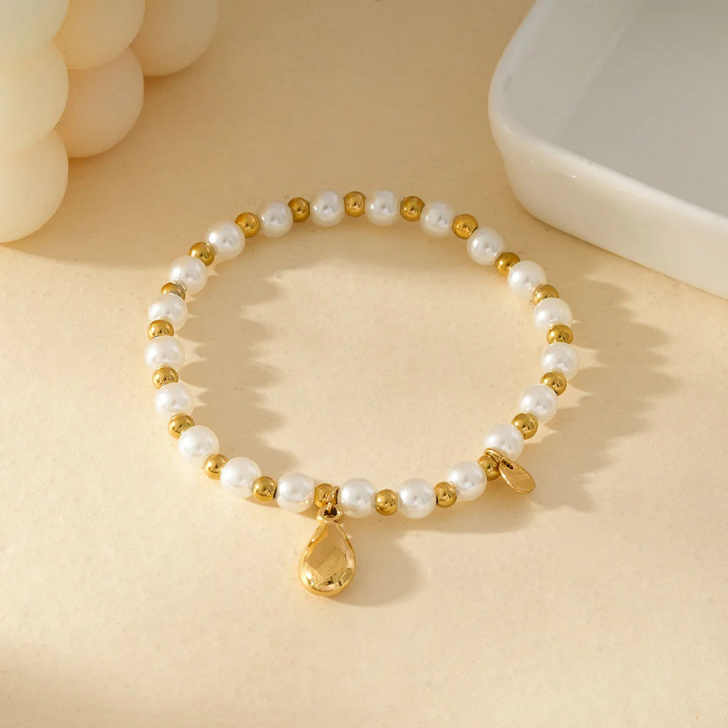 Bracelet Élastique En Perles Blanches Et Dorées Avec Pendentif Goutte