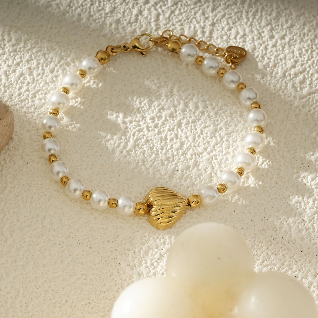 Bracelet Perles Blanches Et Coeur Doré