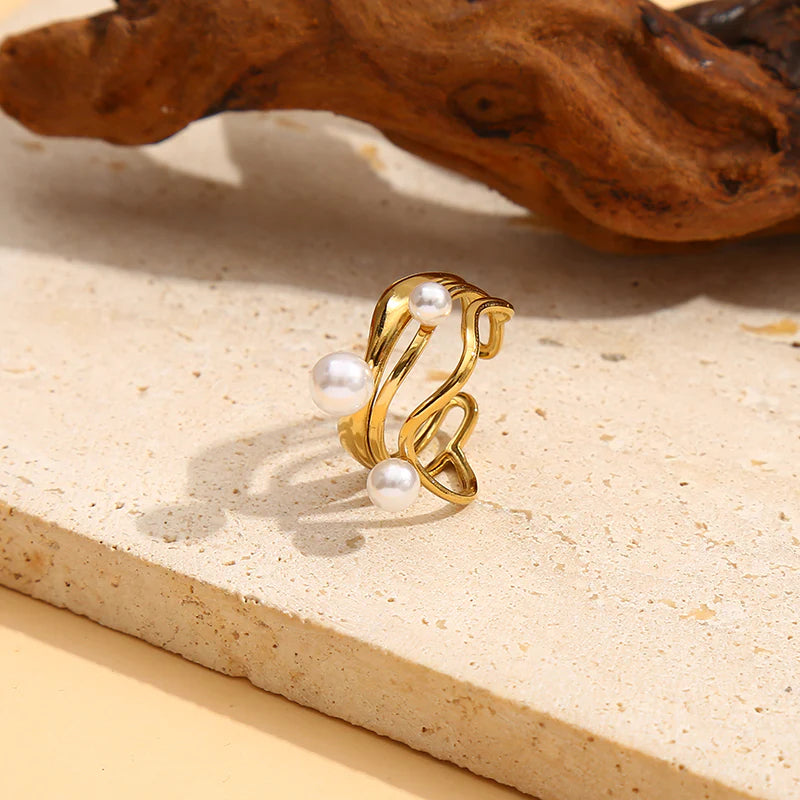 Bague Dorée Ligne Vagues avec Perle