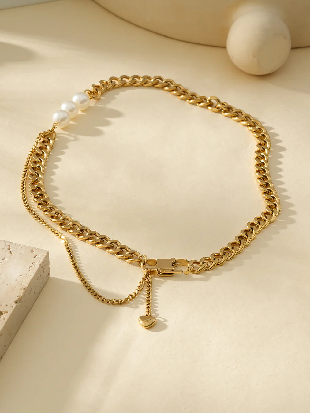 Collier Doré Grosse Chaîne Avec Triple Perles Et Pendentif Cœur