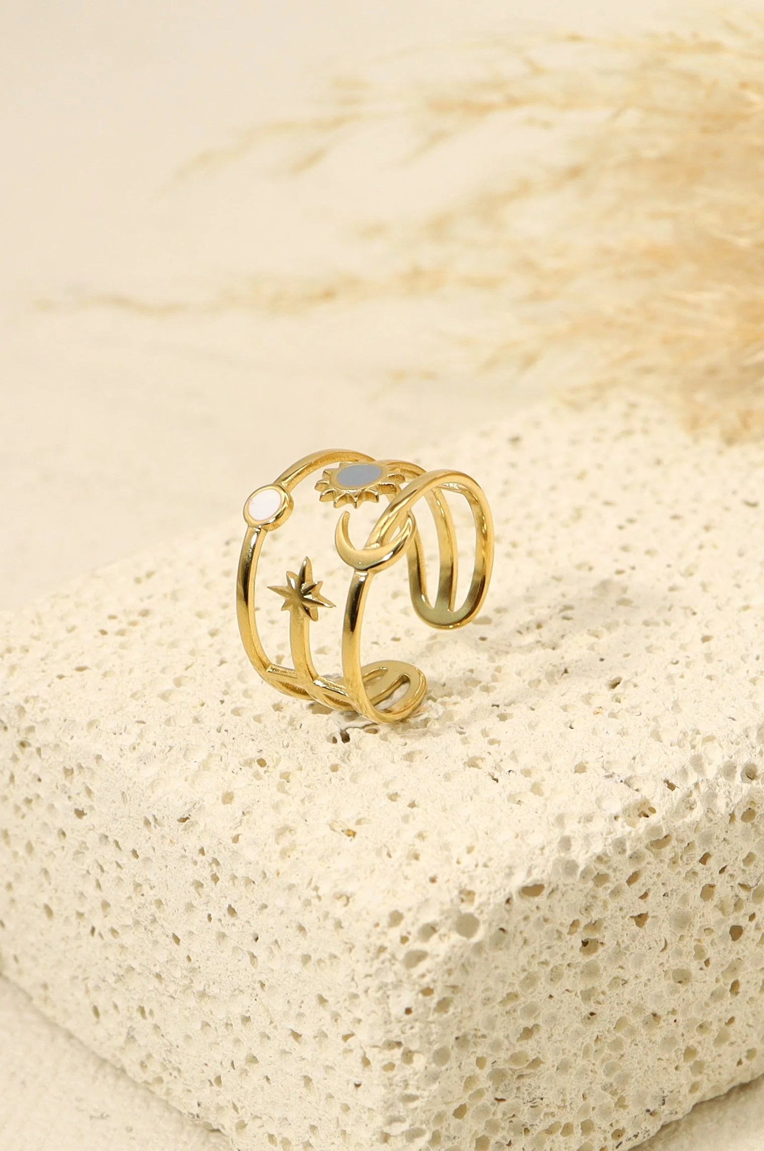 Bague triple ligne lune soleil étoile nacre